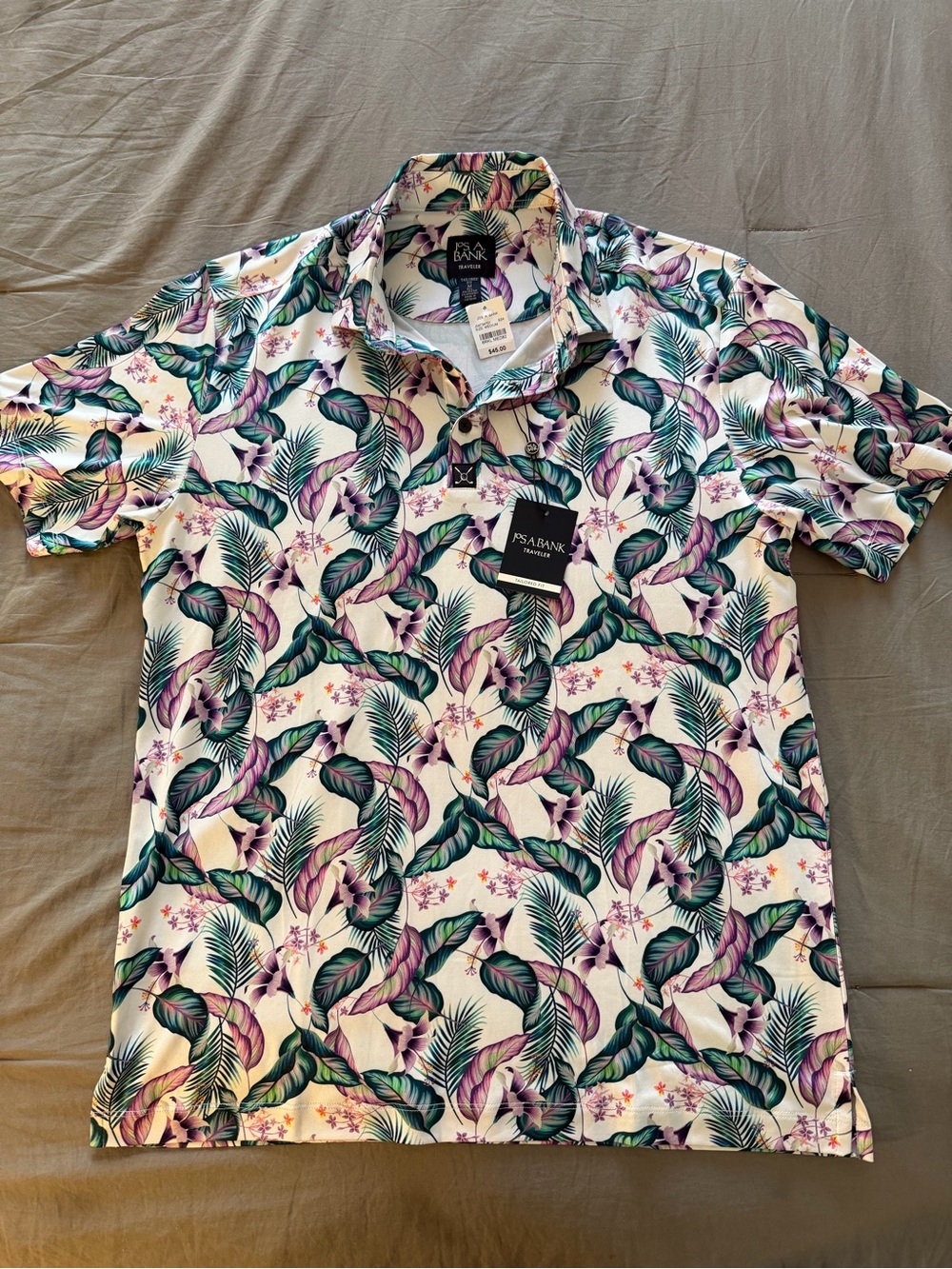 Jos. A. Bank Men’s Tropical Leaf Print Polo Shirt - White with Green & Purple